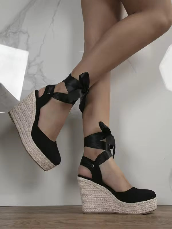 Women Minimalist Tie Leg Design Espadrille Strappy Court Wedges, Vacation Outdoor Faux Suede Wedge Shoes