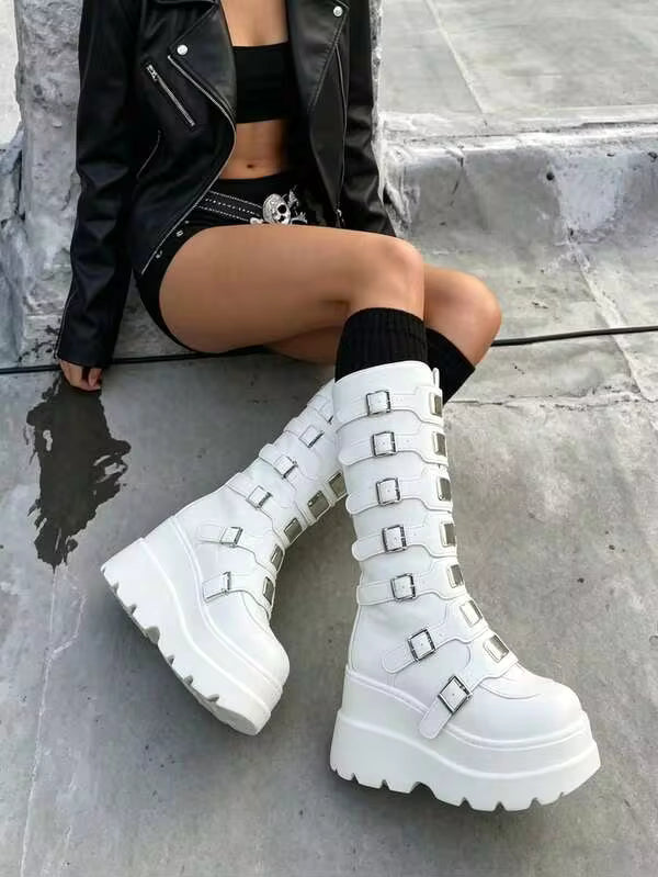 Gothic Women Combat Boots Chunky Wedges Heels Metal Buckle Zip Knee HIgh Punk Cosplay Holloween Shoes Woman