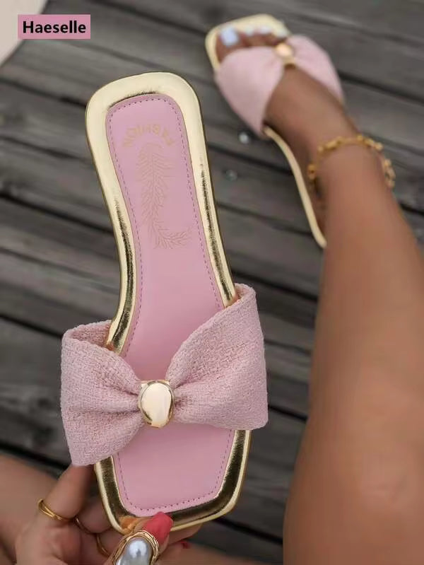New Annual Women's Sandals, Flat Square Toe Design, Fresh Bowknot, High-End Texture Gold Buckle, Slouchy Slip-On, Mix And Match, One-Piece Home Spring Summer Outdoor, Casual Vacation Style Fashion Beach Slides